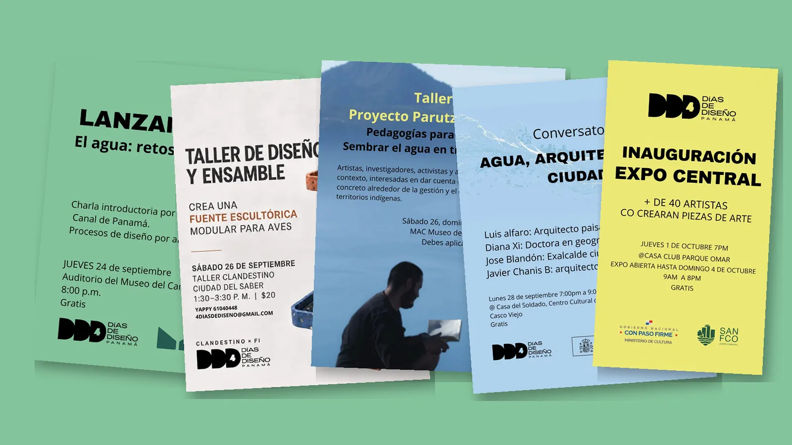 Flyers de la agenda de 4 Días de Diseño Panamá 2026: lanzamiento, talleres, conversatorio y Expo Central