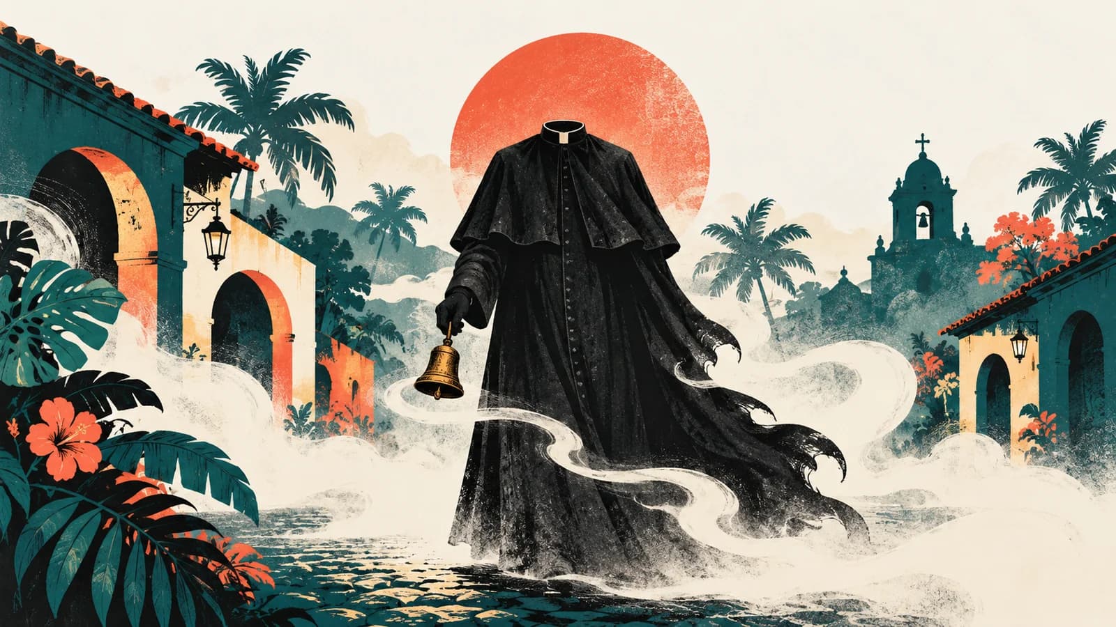 Ilustración del Padre sin Cabeza: una sotana negra sin cabeza que sostiene una campanilla, entre niebla, palmeras y arcos coloniales