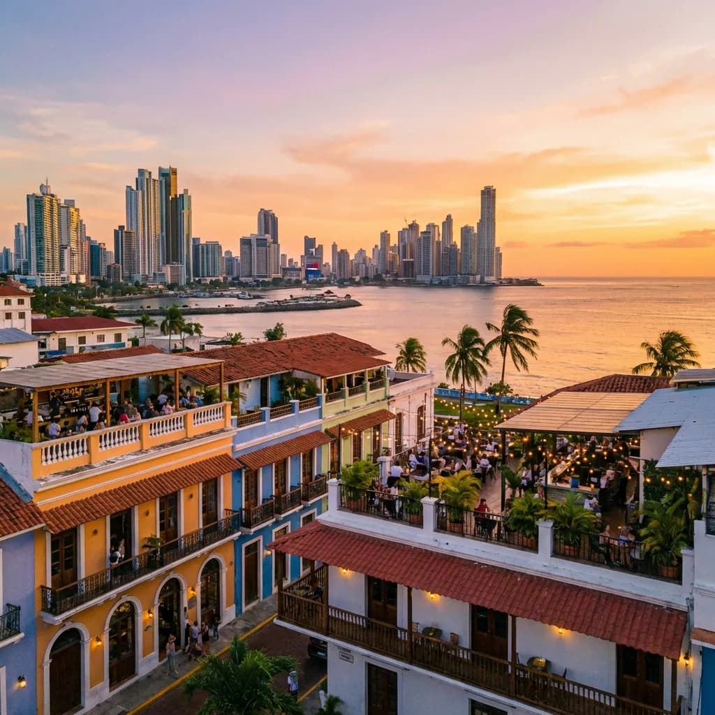 Rooftop en Casco Viejo con vista al skyline de Panamá
