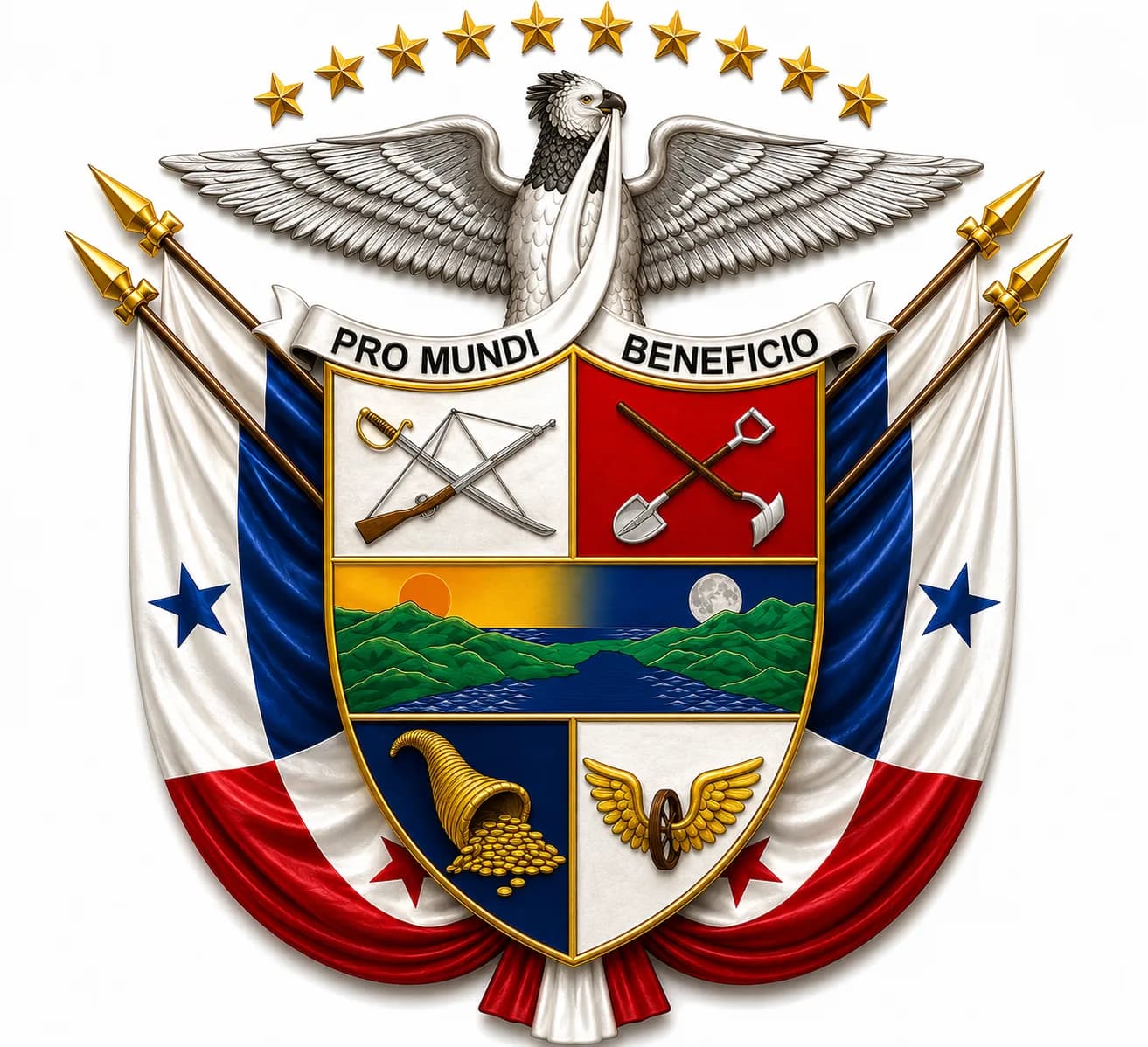 Escudo Nacional de Panamá: istmo entre dos mares, sable y fusil, pala y azadón, cornucopia, rueda alada y el águila harpía con el lema Pro Mundi Beneficio