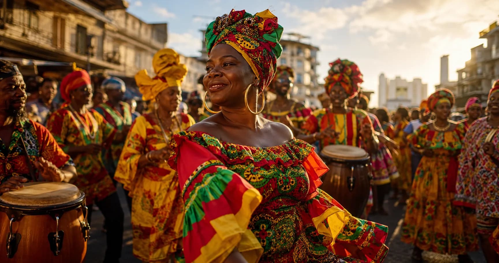 Comparsas, tambores y polleras congos durante el desfile del Mes de la Etnia Negra en Río Abajo, Ciudad de Panamá