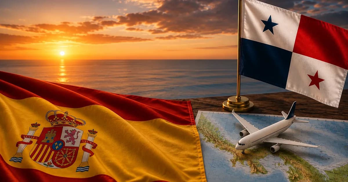 Banderas de España y Panamá junto a un avión y un mapa, requisitos de viaje