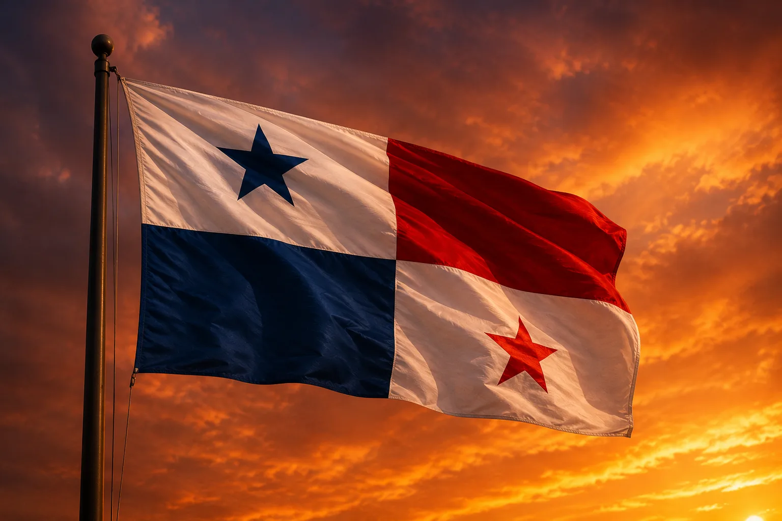 Bandera de Panamá ondeando contra el cielo, símbolo patrio de la nación panameña